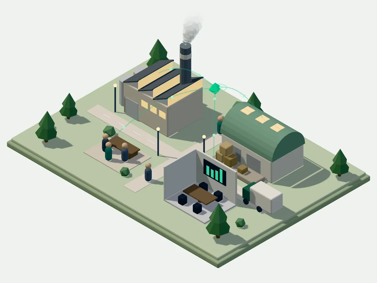 Ilustración de una empresa de ejemplo con una planta, una bodega, personas trabajando y una sala de directorio.
